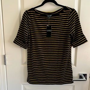 Casual Black with gold pinstripes boat neck short sleeve. In L/G. Brand new.